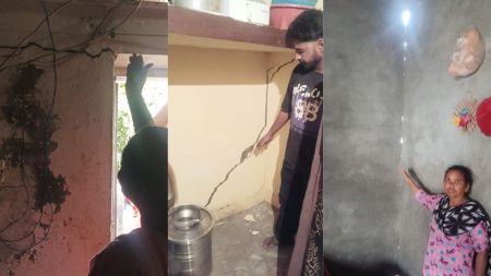 Villagers showing cracks in their homes for which they have been expecting compensation from the government.