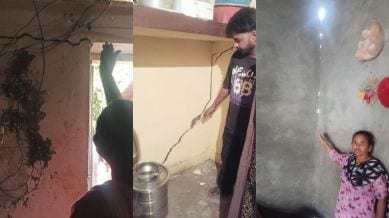 Villagers showing cracks in their homes for which they have been expecting compensation from the government.