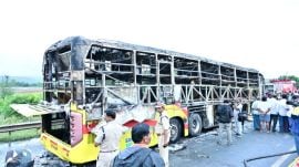 Kurnool Bus Fire LIVE Updates: The charred Volvo bus after the fire was extinguished (Express photo).