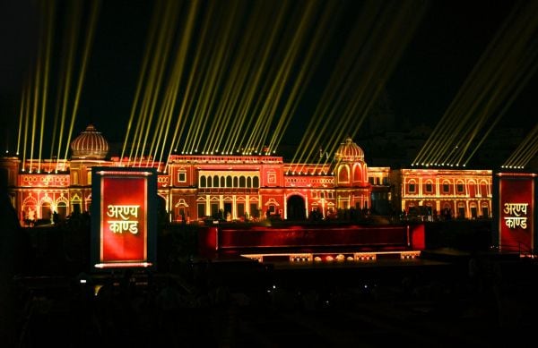 Lights illuminate Ram Ki Paidi during a laser show organised on the banks of the Saryu river, in Ayodhya 