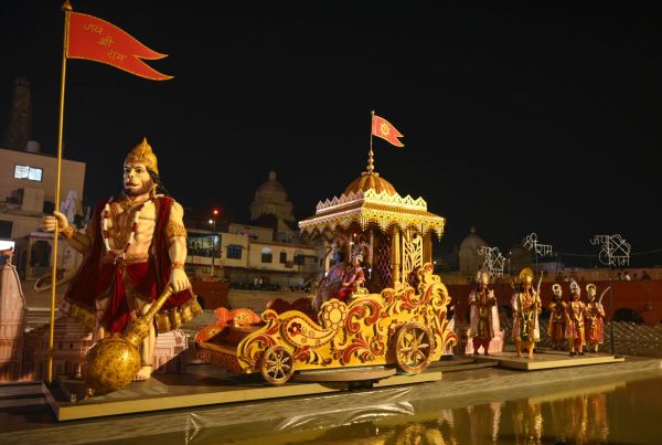 A chariot carrying idols of Lord Rama, Goddess Sita, Lord Lakshmana and Lord Hanuman with other Hindu deities is seen during preparations for the ninth edition of the 'Deepotsav' 