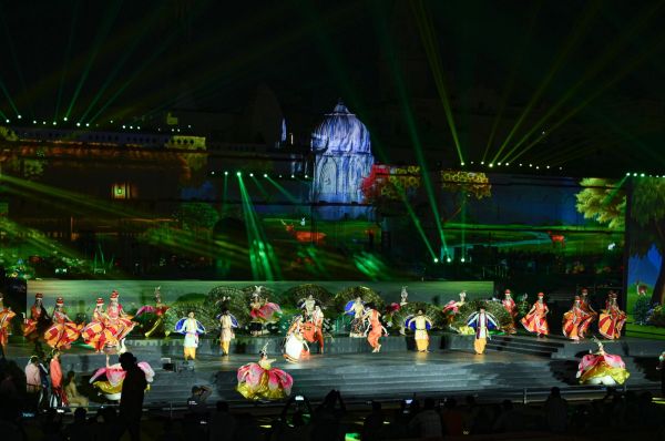 Artistes perform during a laser show organised at the Ram ki Paidi (PTI Photo)