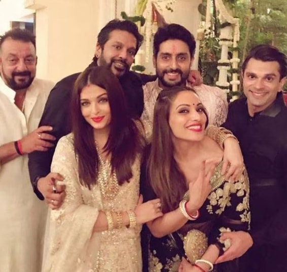 Sanjay Dutt, Bipasha Basu and husband Karan Singh Grover with Abhishek Bachchan and Aishwarya Rai Bachchan anmd others at a Diwali bash at Jalsa.