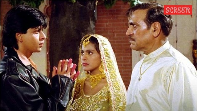 Shah Rukh Khan, Kajol and Amrish Puri in DDLJ