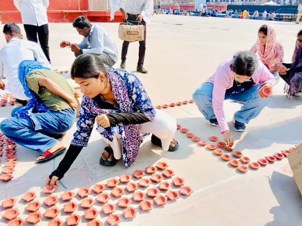 Laying of diyas along the ghats in Ayodhya began on Friday. (Express Photo)