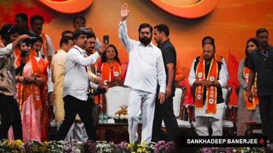 Maharashtra Deputy CM Eknath Shinde and other Shiv Sena's (Shinde faction) leaders participate in the Dussehra-rally at Nesco, Goregaon