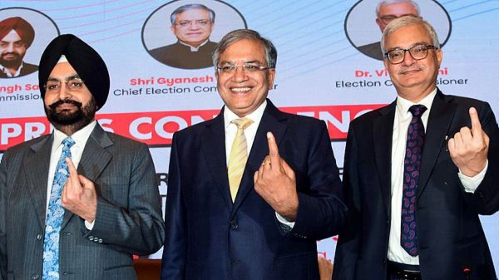 Patna, Oct 5 (ANI): Chief Election Commissioner Gyanesh Kumar and Election Commissioners Sukhbir Singh Sandhu and Vivek Joshi pose for a picture with showing index fingers during a Press Conference on review of poll preparedness for forthcoming Assembly Elections in Bihar, in Patna, on Sunday (ANI Photo).