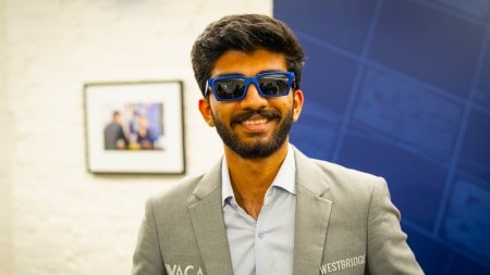 World champion Gukesh D poses at the St Louis Chess Club during the Clutch Chess exhibition event. (PHOTO: Lennart Ootes via St Louis Chess Club)