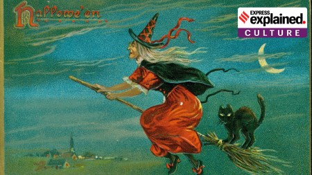 A painting titled "Hallowe'en", showing a witch riding a broomstick with a black cat