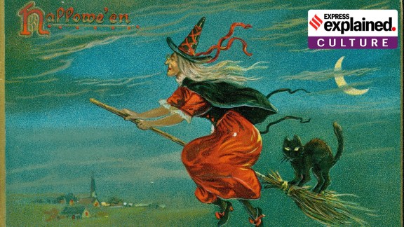 A painting titled "Hallowe'en", showing a witch riding a broomstick with a black cat