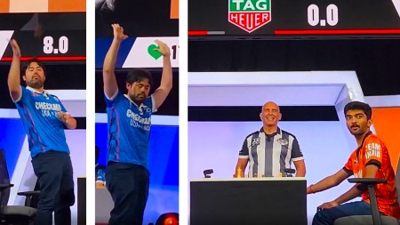World Champion Gukesh Dommaraju reacts (right) after Hikaru Nakamura (left) throws his king into the fans at the Checkmate: USA vs India clash in Arlington, Texas. (Screengrabs via ChessBase India YouTube)