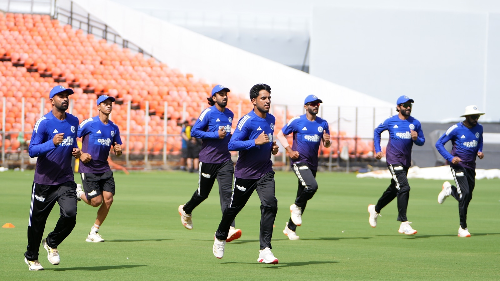 India's players warm up during a practice session ahead of the first Test against West Indies at Narendra Modi Stadium. (AP Photo/Ajit Solanki)