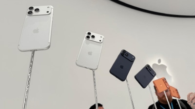 The new iPhone 17 Pro on show at the Steve Jobs Theatre in Apple Park. Express Photo by Nandagopal Rajan