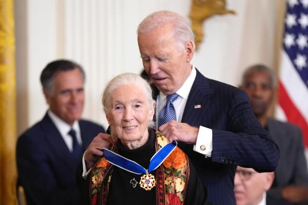 President Joe Biden presents the Presidential Medal of Freedom to conservationist Jane Goodall in the East Room of the White House on Jan 4, 2025. (Source: AP)