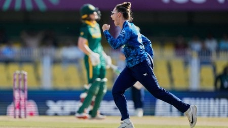 With her first delivery in the second over of the match, Linsey Smith got the prized wicket of South Africa captain Laura Wolvaardt, snapping an easy return catch. (AP)