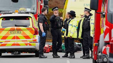 Emergency services at the scene of a stabbing at Heaton Park Hebrew Congregation synagogue, in Crumpsall, Manchester, England, Thursday Oct. 2, 2025. (Peter Byrne/PA via AP)