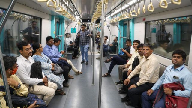 Commuters enjoy a comfortable journey on Mumbai’s Aqua Line 3 Metro as the service opens to the public on Thursday morning. Express photos by Akash patil