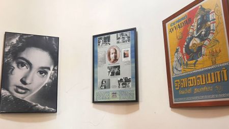 Along the stairway, more posters speak — Shammi mid-dance, Madhubala’s smile promising romance, Raj Kapoor in full Technicolor drama. Each brushstroke is a reminder that posters weren’t ads; they were invitations to fall in love with cinema.