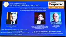 Recipients of the Nobel Memorial Prize in Economics are announced during a press conference at the Royal Swedish Academy of Sciences in Stockholm, Sweden, Monday, Oct. 13, 2025.