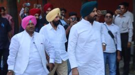 PPCC president Amrinder Singh Raja Warring outside the house of IPS Y Puran Kumar in sector 24 Chandigarh. Express Photo by kamleshwar singh