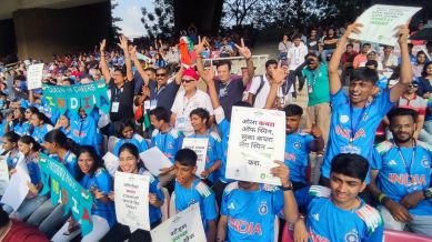 At the stadium, all students were provided with snacks, beverages, T-shirts, caps, and paper flags of India.