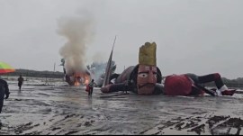 Rain brings down Gandhidham Raavan effigy, Rain brings down Raavan effigy, Gandhidham, Rain brings down Raavan effigy in Gandhidham, Ahmedabad news, Gujarat news, Indian express, current affairs