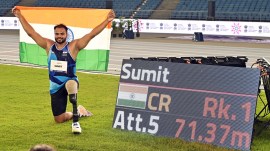 Two-time Paralympic champion Sumit Antil threw the Javelin 71.37m in the F64 Category to set the Championship record. (ANI Photo)
