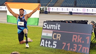 Two-time Paralympic champion Sumit Antil threw the Javelin 71.37m in the F64 Category to set the Championship record. (ANI Photo)