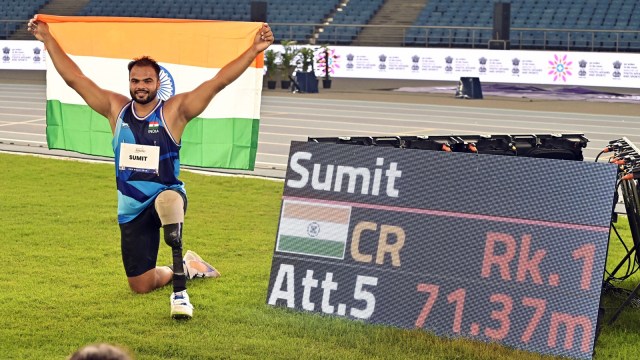 Two-time Paralympic champion Sumit Antil threw the Javelin 71.37m in the F64 Category to set the Championship record. (ANI Photo)