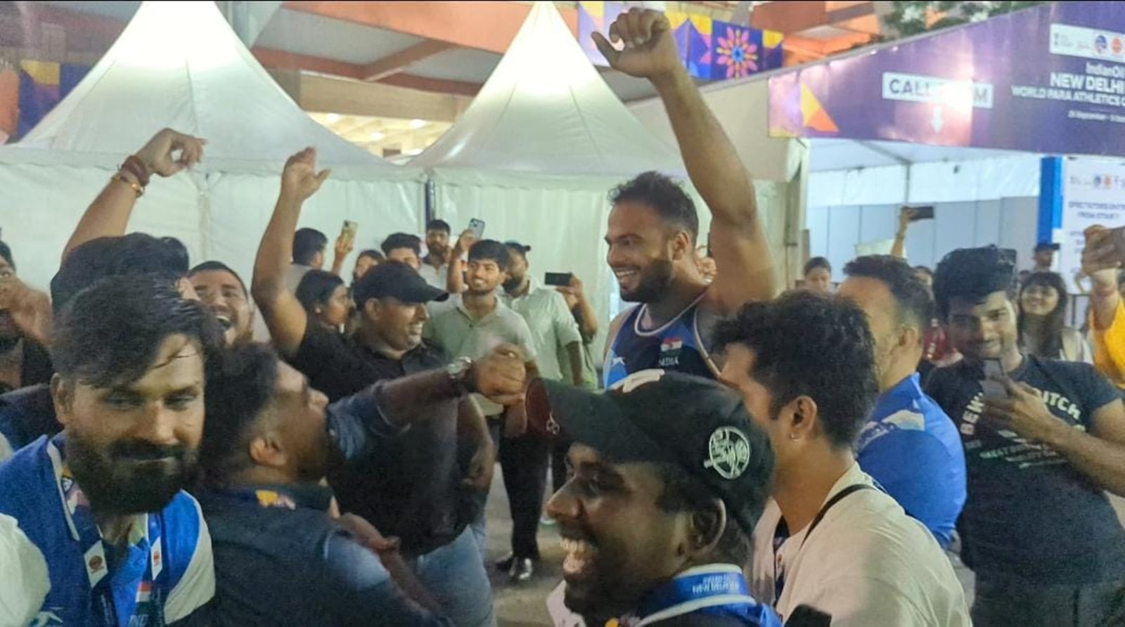 Sumit Antil celebrating with his family and friends. (Express Photo)