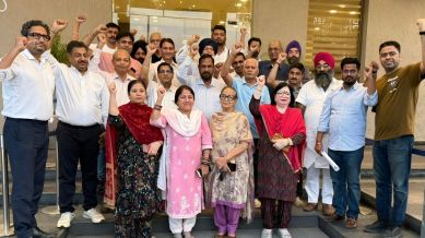 TDI City residents stage a protest in Mohali on Saturday over exclusion from municipal limits. Express