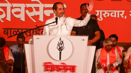 Shivsena UBT Leader Uddhav Thackeray addresses the Shivsena’s Dussehra Melava at Shivtirth, Shivaji Park, Dadar