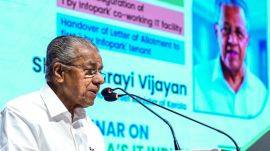 **EDS: THIRD PARTY IMAGE** In this image posted on Oct. 28, 2025, Kerala Chief Minister Pinarayi Vijayan addresses the gathering during the 'Recode Kerala 2025' event organised under Vision 2031. (@pinarayivijayan/X via PTI Photo)(PTI10_28_2025_000285A)