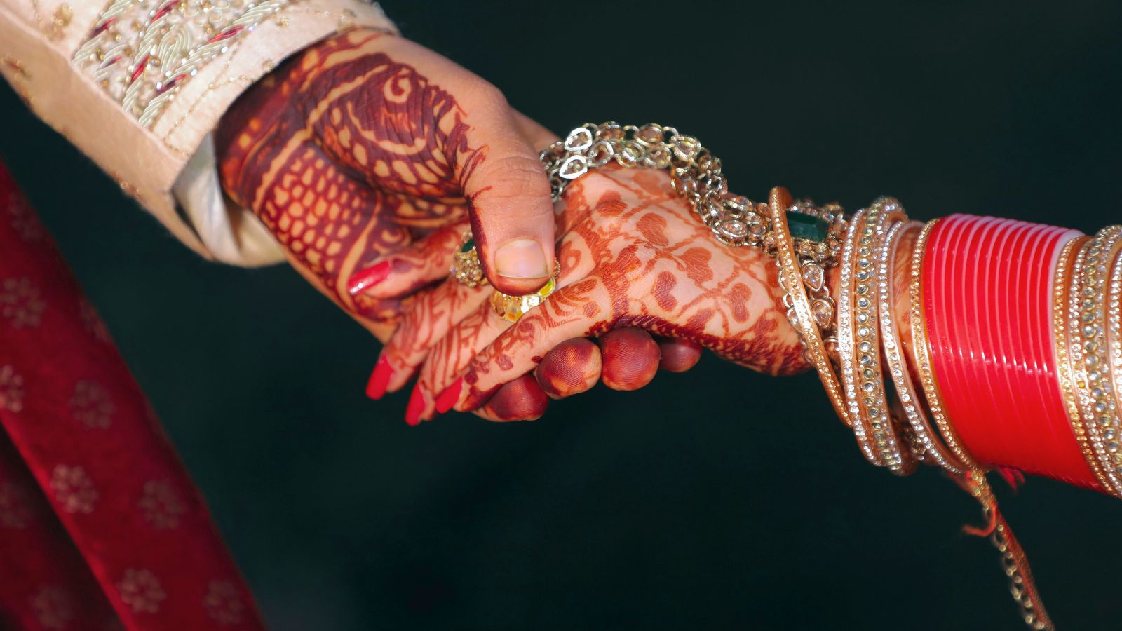 wedding hands held by bride and groom