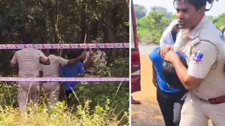Durgapur: West Bengal Police personnel during reconstruction of the crime scene as part of the ongoing probe into the medical student rape case, in Durgapur, West Bengal, Tuesday, Oct. 14, 2025. (PTI Photo)(PTI10_14_2025_000265A)