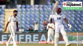 West Indies batsman Jayden Seales caught by Washington Sundar on a Jasprit Bumrah ball during the fourth day of the last Test cricket match between India and West Indies, at the Arun Jaitley Stadium in New Delhi on Monday.