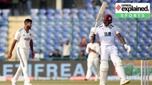 West Indies batsman Jayden Seales caught by Washington Sundar on a Jasprit Bumrah ball during the fourth day of the last Test cricket match between India and West Indies, at the Arun Jaitley Stadium in New Delhi on Monday.