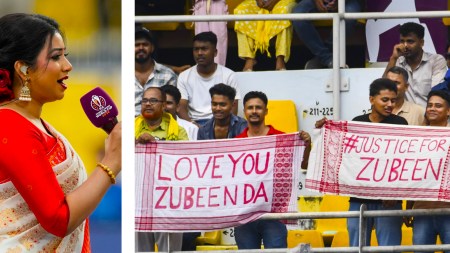 (LEFT) Bollywood singer Shreya Ghoshal performs during the India vs Sri Lanka ICC Women's Cricket World Cup match at Barsapara Cricket Stadium in Guwahati; (RIGHT) Spectators pay tribute to late singer Zubeen Garg. (PHOTOs: PTI. AP)