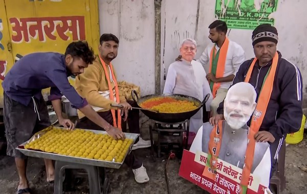 BJP workers prepare ladoos
