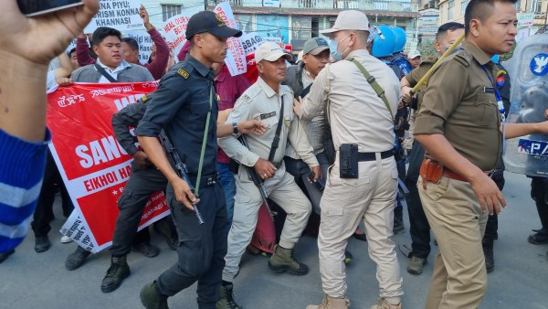 On Thursday, COCOMI led a protest rally of displaced people and representatives of other civil society bodies, and marched towards Raj Bhavan carrying placards reading, “Security and justice before festival façade”, “no peace, no Sangai festival”, and “Fundamental rights before festival”.