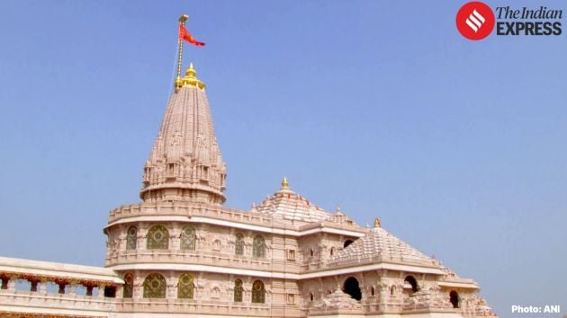 The Ram Temple complex glows under celebration lighting