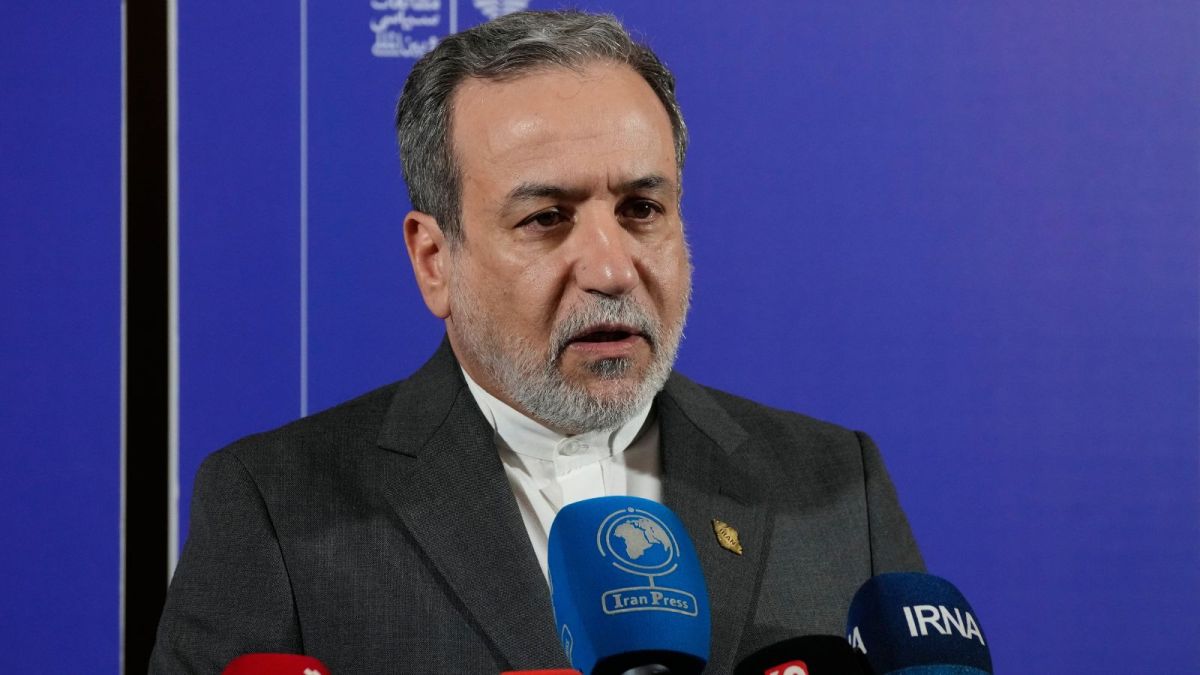 Iranian Foreign Minister Abbas Araghchi speaks in a new briefing after attending a conference titled "International Law Under Assault: Aggression and Self-Defense," in Tehran. (AP Photo)