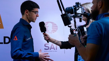 Anish Giri gives an interview during the third round of the FIDE World Cup in Goa. (PHOTO: FIDE via Eteri Kublashvili)