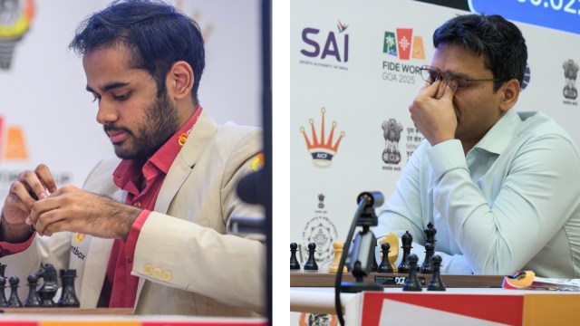 Arjun Erigaisi (left) is the only left as the FIDE World Cup enters the quarter-final stage after Pentala Harikrishna was knocked out on Sunday. (PHOTOS: FIDE via Eteri Kublashvili and Michal Walusza)