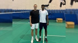 Ayush Shetty (R) with Viktor Axelsen after a training stint earlier this year in August (Instagram/Ayush Shetty)