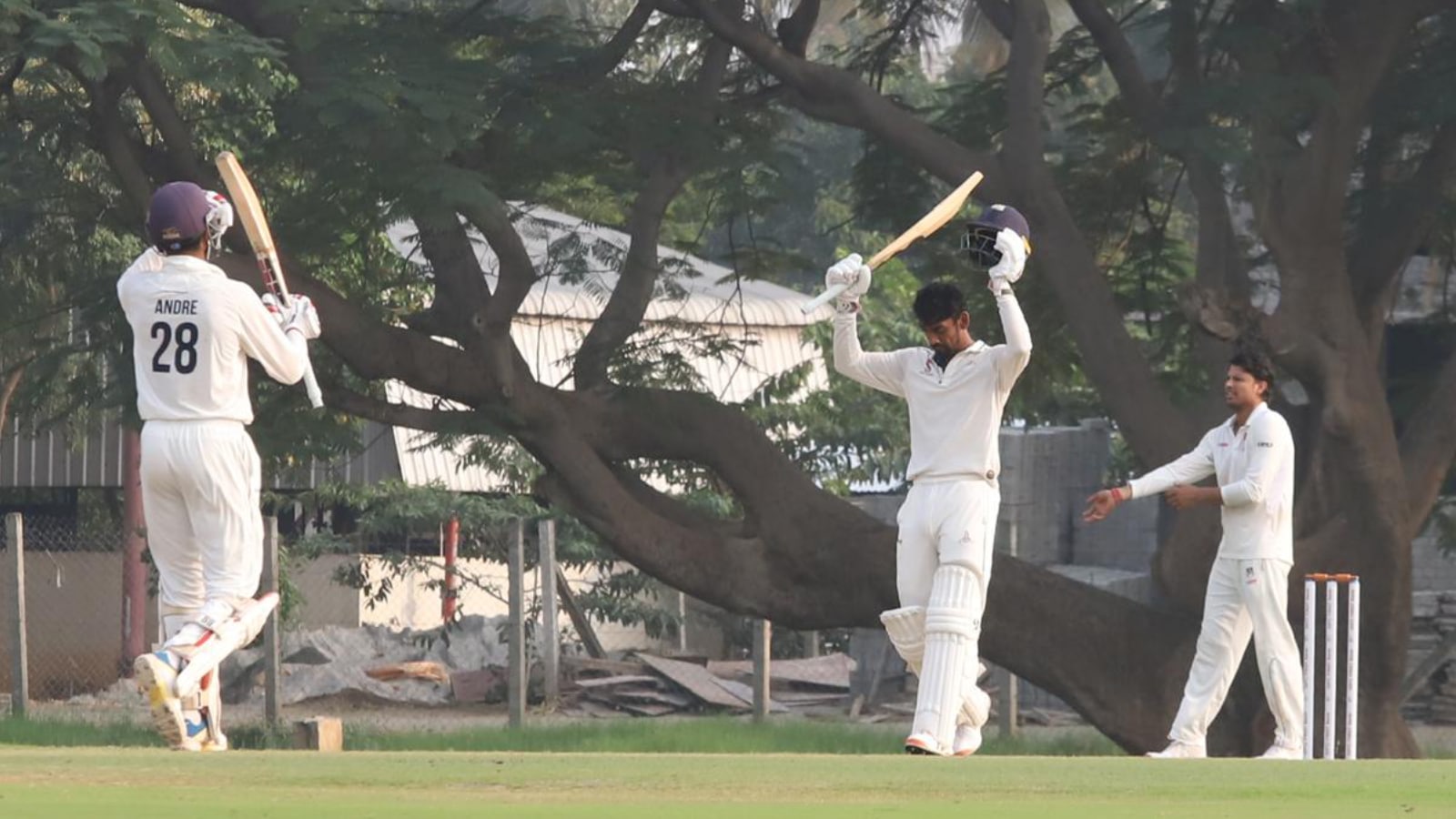 Baba Indrajith celebrates his century against Uttar Pradesh in the fifth round of Ranji Trophy on Sunday. (Credit: Special Arrangement)