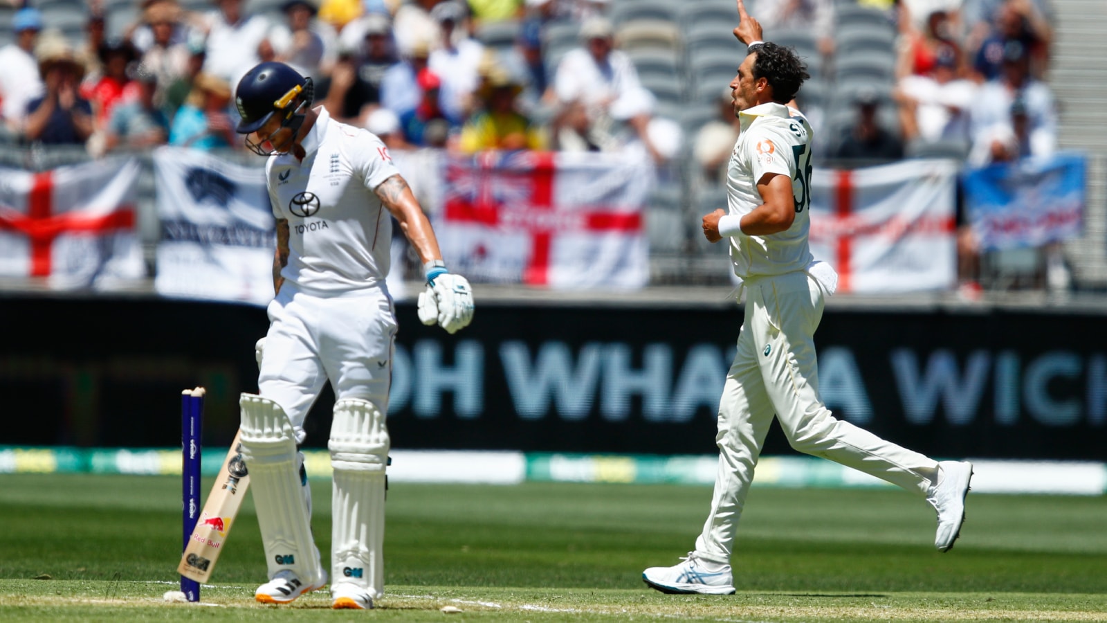 England skipper Ben Stokes dismissed by Australian pacer Mitch Starc during the Perth Test. (AP)