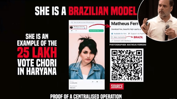 Rahul Gandhi shows Larissa Nerry's photo, which was allegedly used in Haryana voter lists.