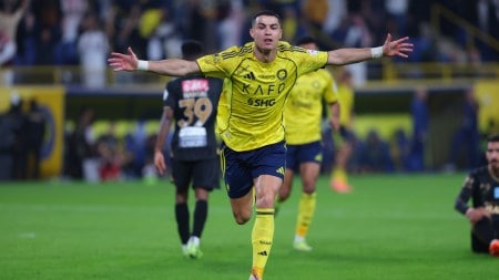Cristiano Ronaldo celebrates his goal for Al Nassr against Al Khaleej in Saudi Pro League game. (X/Al Nassr)