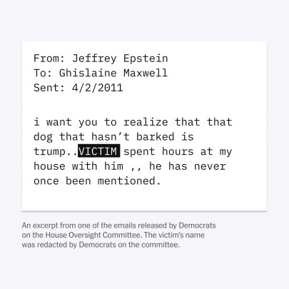 In part of a trove of emails released by members of Congress on Nov. 12, 2025, an excerpt from an April 2, 2011 email sent by Jeffrey Epstein to Ghislaine Maxwell. Democrats on the House Oversight Committee released emails suggesting that Donald Trump knew more about Jeffrey Epstein’s activities than he has acknowledged. (via The New York Times) — NO SALES. FOR EDITORIAL USE ONLY with NYT STORY EPSTEIN-EMAILS by EDER and CONFESSORE of NOV. 12, 2025. ALL OTHER USE PROHIBITED. —